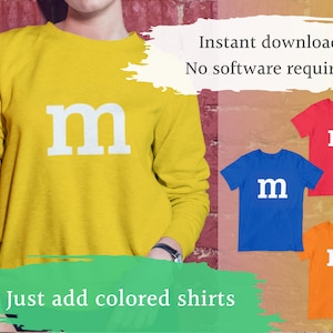 May include: A yellow sweatshirt with a white "m" on the front. The image shows three additional shirts in red, blue, and orange with the same white "m" design. The text "Instant download No software required" and "Just add coloured shirts" is also included in the image.