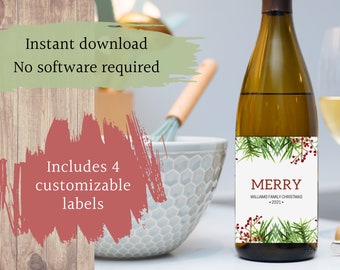 Editable Christmas Holly Wine Bottle Sleeve Printables | Instant Download | Reusable