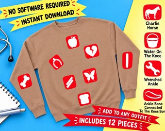 May include: A tan crewneck sweatshirt featuring various red square patches with white icons including an apple, broken heart, horseshoe, butterfly, bone, and pencil. The text reads NO SOFTWARE REQUIRED, INSTANT DOWNLOAD, and ADD TO ANY OUTFIT.