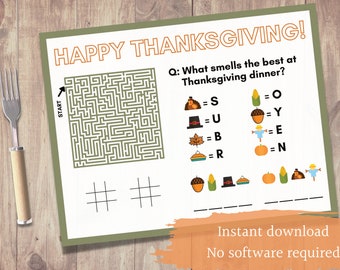 Printable Thanksgiving Activity Placemats for Kids (8.5"x11") | Instant Download | Reusable