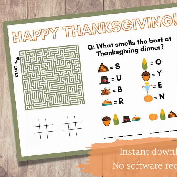Napperons imprimables d'activités de Thanksgiving pour enfants (8,5"x11") | Téléchargement instantané | Réutilisable