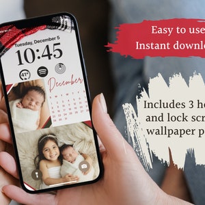 Puede incluir: Un teléfono inteligente que muestra un fondo de pantalla personalizable con un diseño de cuadros rojos y negros, un calendario para diciembre y fotos de niños. El texto en la pantalla dice "Martes, 5 de diciembre, 10:45". También se puede ver el texto "Fácil de usar Descarga instantánea" y "Incluye 3 pares de fondos de pantalla para la pantalla de inicio y la pantalla de bloqueo".