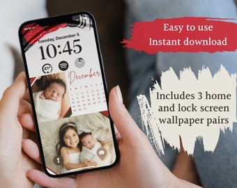 Puede incluir: Un teléfono inteligente que muestra un fondo de pantalla personalizable con un diseño de cuadros rojos y negros, un calendario para diciembre y fotos de niños. El texto en la pantalla dice "Martes, 5 de diciembre, 10:45". También se puede ver el texto "Fácil de usar Descarga instantánea" y "Incluye 3 pares de fondos de pantalla para la pantalla de inicio y la pantalla de bloqueo".