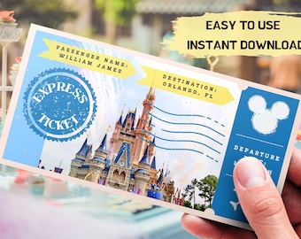May include: A printable ticket for a trip to Orlando, Florida. The ticket features a blue and yellow design with a picture of Cinderella's Castle and the text "EXPRESS TICKET".