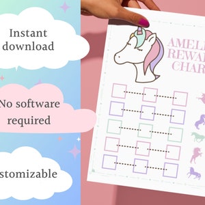 Puede incluir: Un gráfico de recompensas blanco con una ilustración de unicornio y el texto "AMELIA'S REWARD CHART". El gráfico tiene casillas para el seguimiento del progreso y las palabras "Descarga instantánea", "No se requiere software" y "Personalizable".