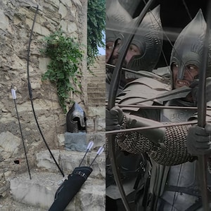 May include: A close-up of a medieval warrior wearing a black helmet and chainmail armor, holding a bow and arrow. The warrior is aiming the arrow at the camera.