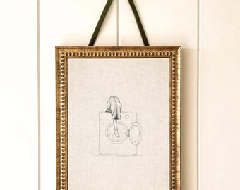 Lustige Katze Waschküche Kunst, Vintage Waschmaschine Skizze Print