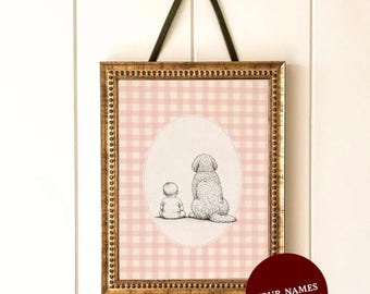 Baby und Hund Kinderzimmer Kunst, rosa Gingham Golden Doodle Poster