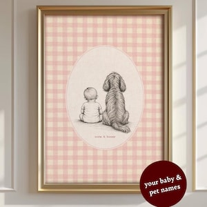 Decoración infantil Cavapoo, lámina de bebé y perro, decoración de pared infantil a cuadros rosas, regalo personalizado para bebé