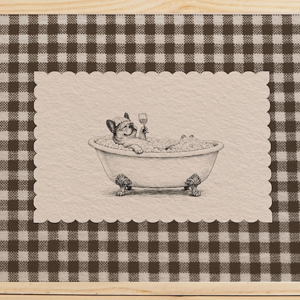 Funny Bathroom Decor, French Bulldog Bathtub Print, Vintage Dog Bath Art