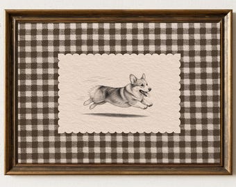 Vintage Hund mit Zoomies Skizze, Galeriewand Kunstwerk, Corgis Minimalistische Kunst