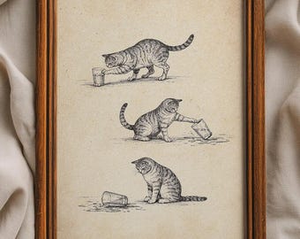 Vintage Sketch Katze Kunstdruck, Dekobild für Katzenliebhaber