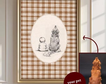 May include: A framed wall art print featuring a sketch of a child and a dog sitting side by side, enclosed in an oval border against a brown and white gingham background. A small inset shows a photograph of a golden-colored dog.