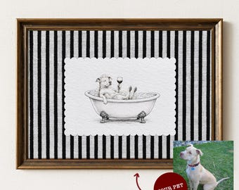 Personalisiertes Haustier Badewannen Portrait, Gestreiftes Badezimmer Poster, Skandinavisches Dekor