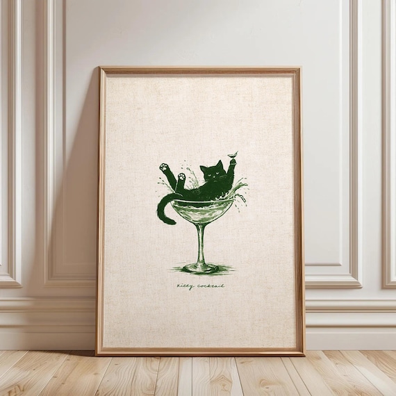 Cat Martini Cocktail Art Print, Vintage Style Bar Cart Decor