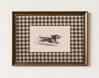 Vintage-Skizze eines Hundes mit wilden Sprüngen, Wandbild für Galerien, minimalistische Dackelkunst