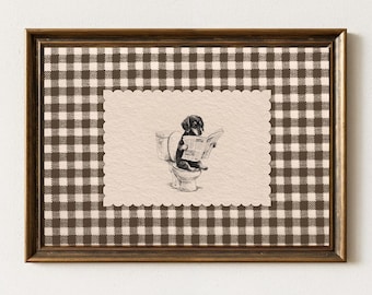 Dackel Badezimmer Wand Kunst Druck, Lustiger Hund auf Toilette Poster, Gingham Badezimmer Dekor