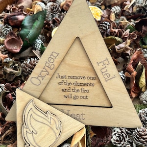May include: A wooden triangle puzzle with the words "Oxygen", "Fuel", and "Heat" inscribed on each side. The puzzle is designed to illustrate the elements needed for fire. The text reads: "Just remove one of the elements and the fire will go out."