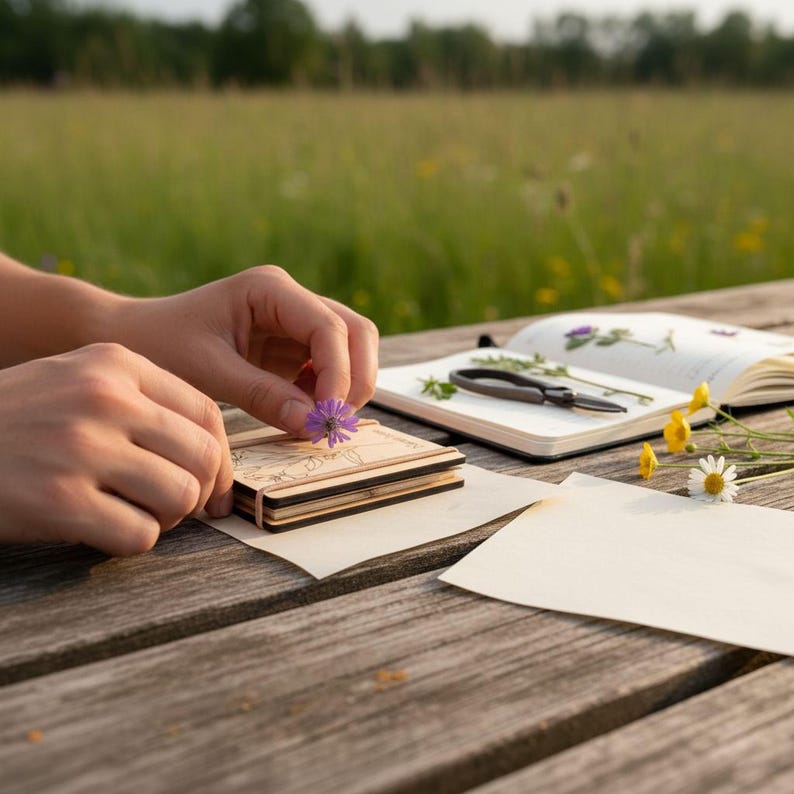 A person's hands are carefully placing a purple flower onto a small wooden box on a wooden table, with an open book and a pair of scissors nearby.