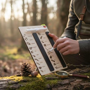 A person is using a clipboard with a magnifying glass and a magnifying glass, surrounded by pine cones and moss, in a forest setting.