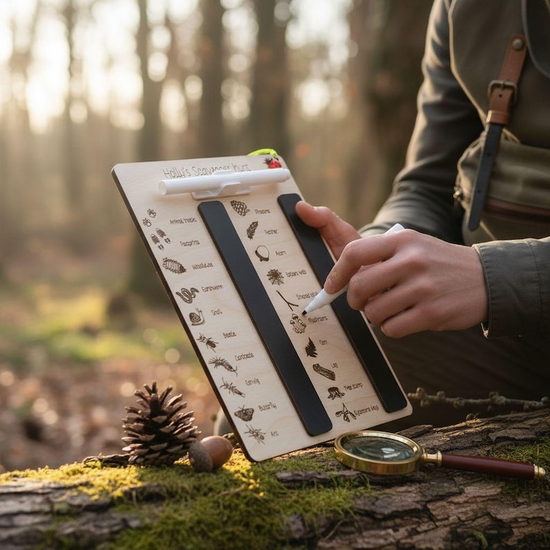 A person is using a clipboard with a magnifying glass and a magnifying glass, surrounded by pine cones and moss, in a forest setting.