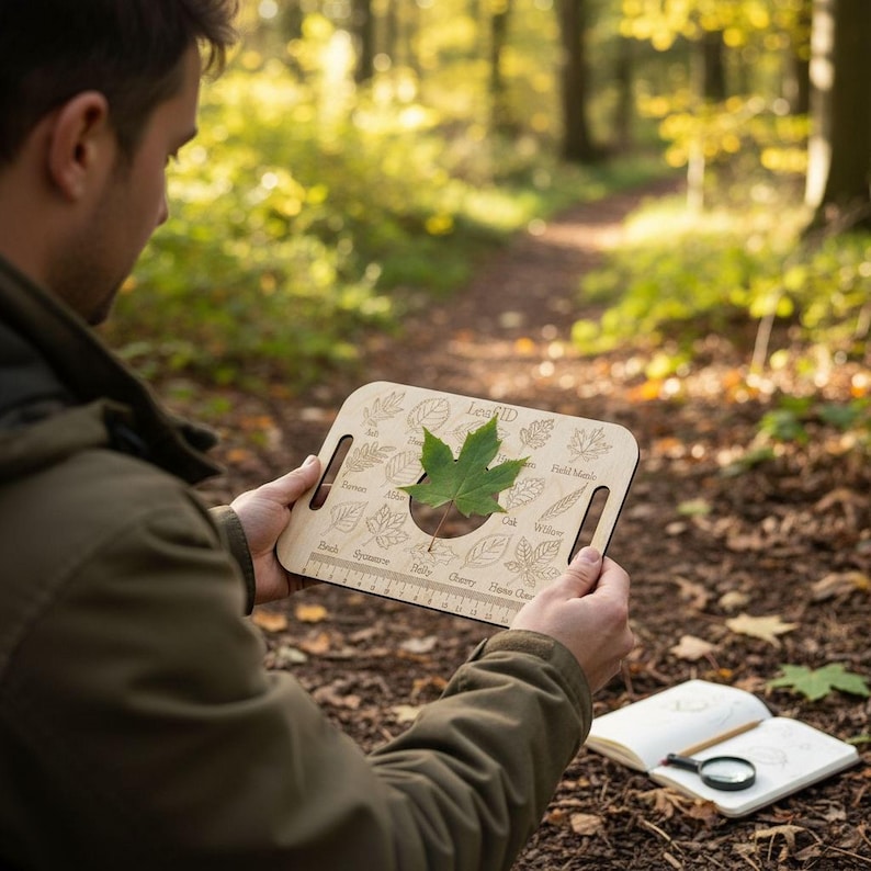 A person is holding a wooden board with leaf illustrations and a leaf in a magnifying glass, surrounded by a forest setting.