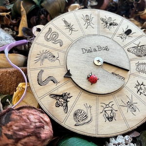 May include: A wooden dial with a red ladybug in the center. The dial is labeled "Dial a Bug" and features various insects, including a centipede, a snail, a bee, and a butterfly.
