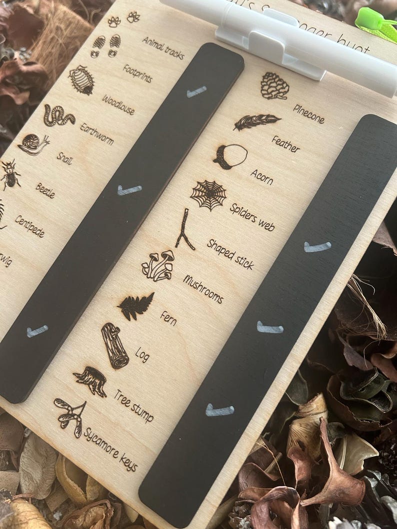 A clipboard with a list of various plant and animal species, along with illustrations of each species, is shown in the image.