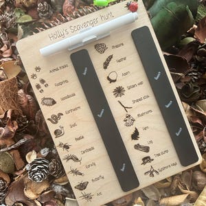 A wooden scavenger hunt board with various items such as pine cones, leaves, and a pen, placed on a bed of leaves.