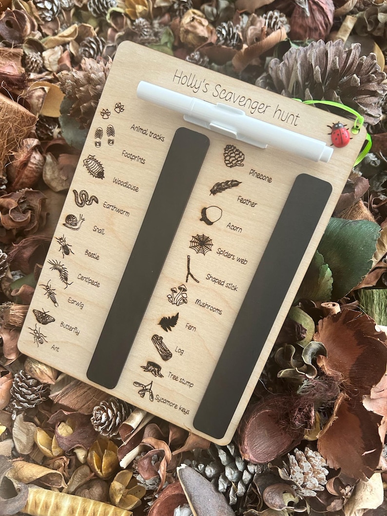 A wooden scavenger hunt board with various animal and plant illustrations, placed on a bed of pine needles and leaves.
