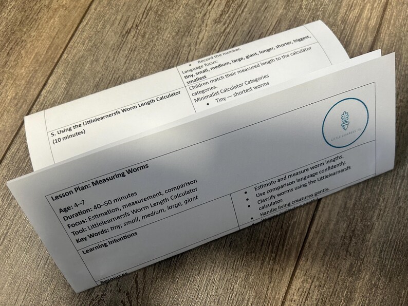 a printed worksheet or worksheet with instructions and information related to a lesson plan for measuring worms.