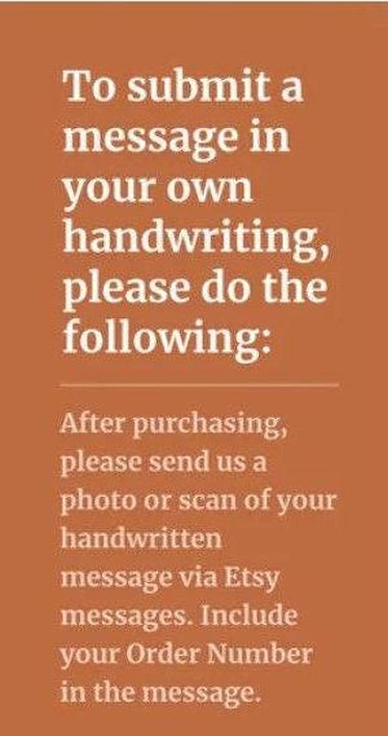instructions for sending a message in a handwritten format, including a request to send a photo or scan of the handwritten message via Etsy messages. The instructions ask the user to include their Order Number in the message.