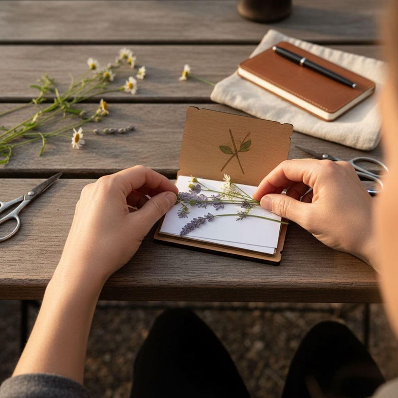 A person is carefully arranging dried flowers in a small book or card on a wooden table.