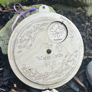 May include: A wooden circular disc with a diagram of the water cycle. The disc is labelled "The Water Cycle H2O" and has a small rotating section labelled "Precipitation".