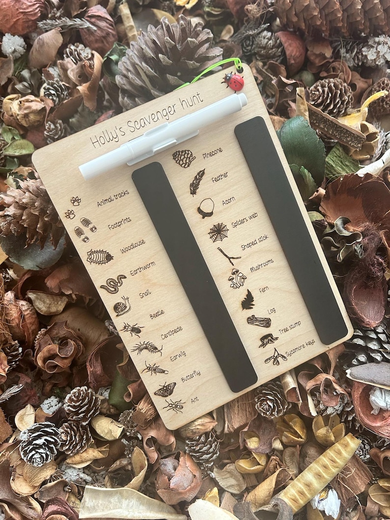 A wooden scavenger hunt board with various animal and plant illustrations, surrounded by pine cones, leaves, and other natural elements.