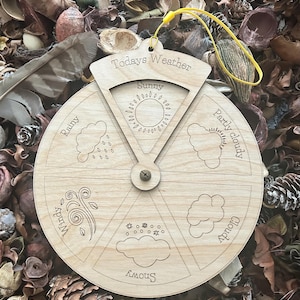 May include: Wooden weather wheel with the text "Todays Weather" and weather condition labels: Sunny, Rainy, Windy, Snowy, Cloudy, and Partly Cloudy. The wheel has a yellow string for hanging.
