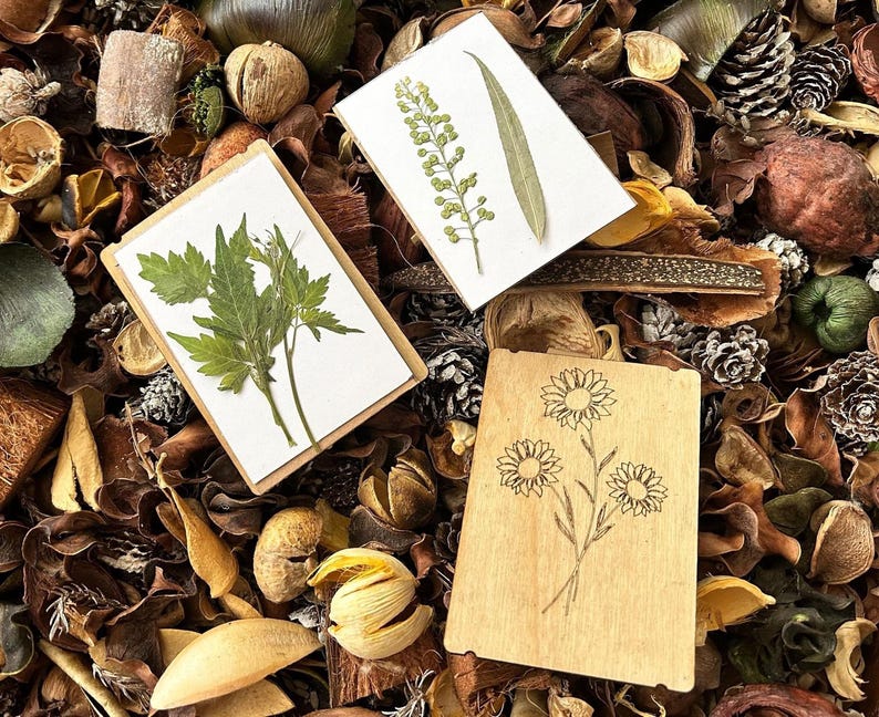 a couple of cards sitting on top of a pile of leaves