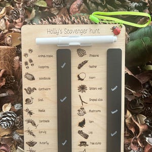 A wooden clipboard with a list of animal names and illustrations, surrounded by pine cones and leaves, suggesting a nature-themed activity or game.
