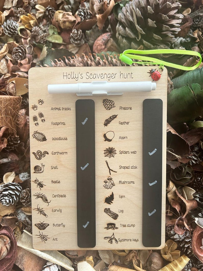 A wooden clipboard with a list of animal names and illustrations, surrounded by pine cones and leaves, suggesting a nature-themed activity or game.