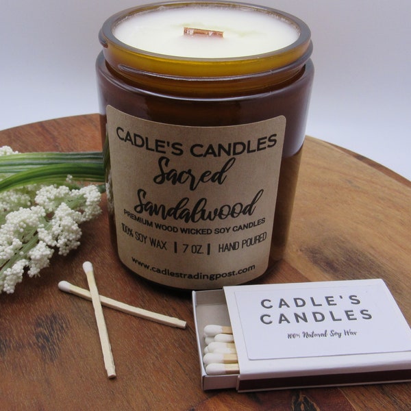 Sacred Sandalwood 100% Soy Wax Candle, 7 ounces in amber glass jar with lid, wax melt 3 ounces, all natural, Handmade.