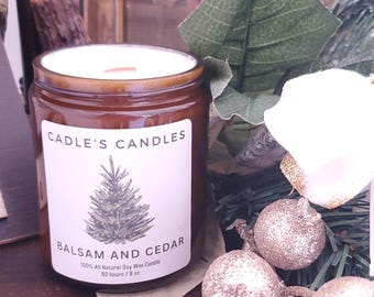 Balsam and Cedar Soy Candle – Woodsy Winter Scent with Wood Wick, Cozy Handmade Candle, Rustic Christmas Gift for Him or Her