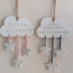 Personalised Christening Day Clay Cloud and Stars Keepsake Decoration | Clay Ornament | Christening Gift