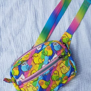 May include: A colorful fanny pack with a rainbow strap and a repeating pattern of cartoon birds. The bag has a quilted texture and a pink zipper. The strap and bag feature a gradient of rainbow colors.