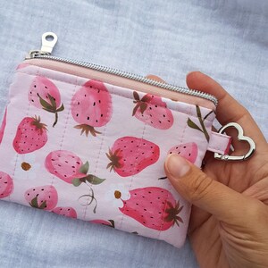 Coin purse, Strawberry purse Mini clutch wallet keychain bag, quilted zipper pouch / small cosmetic pouch
