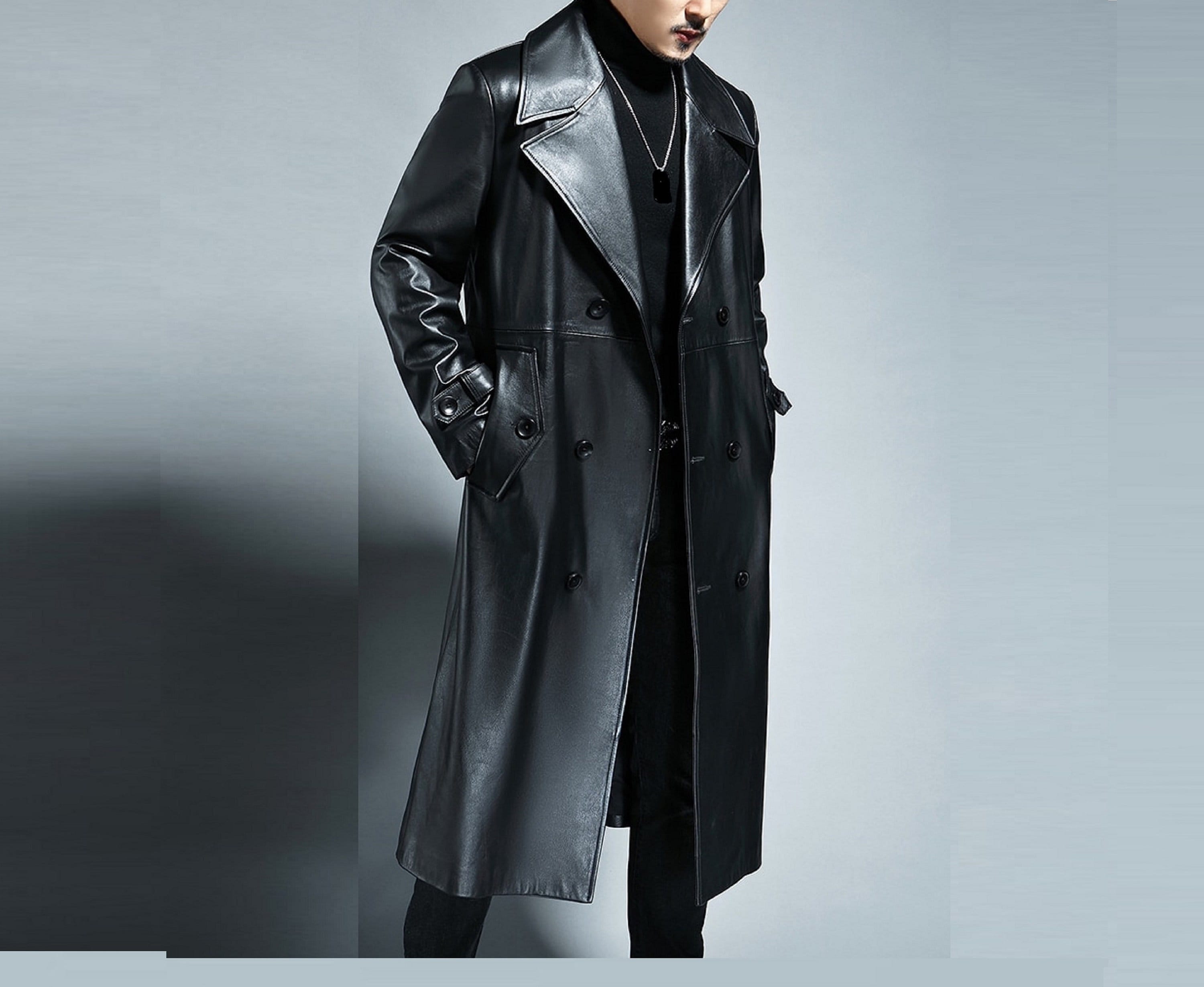 Handmade Dark Fashion Leather Trench Coat Mens Full Length -  Israel