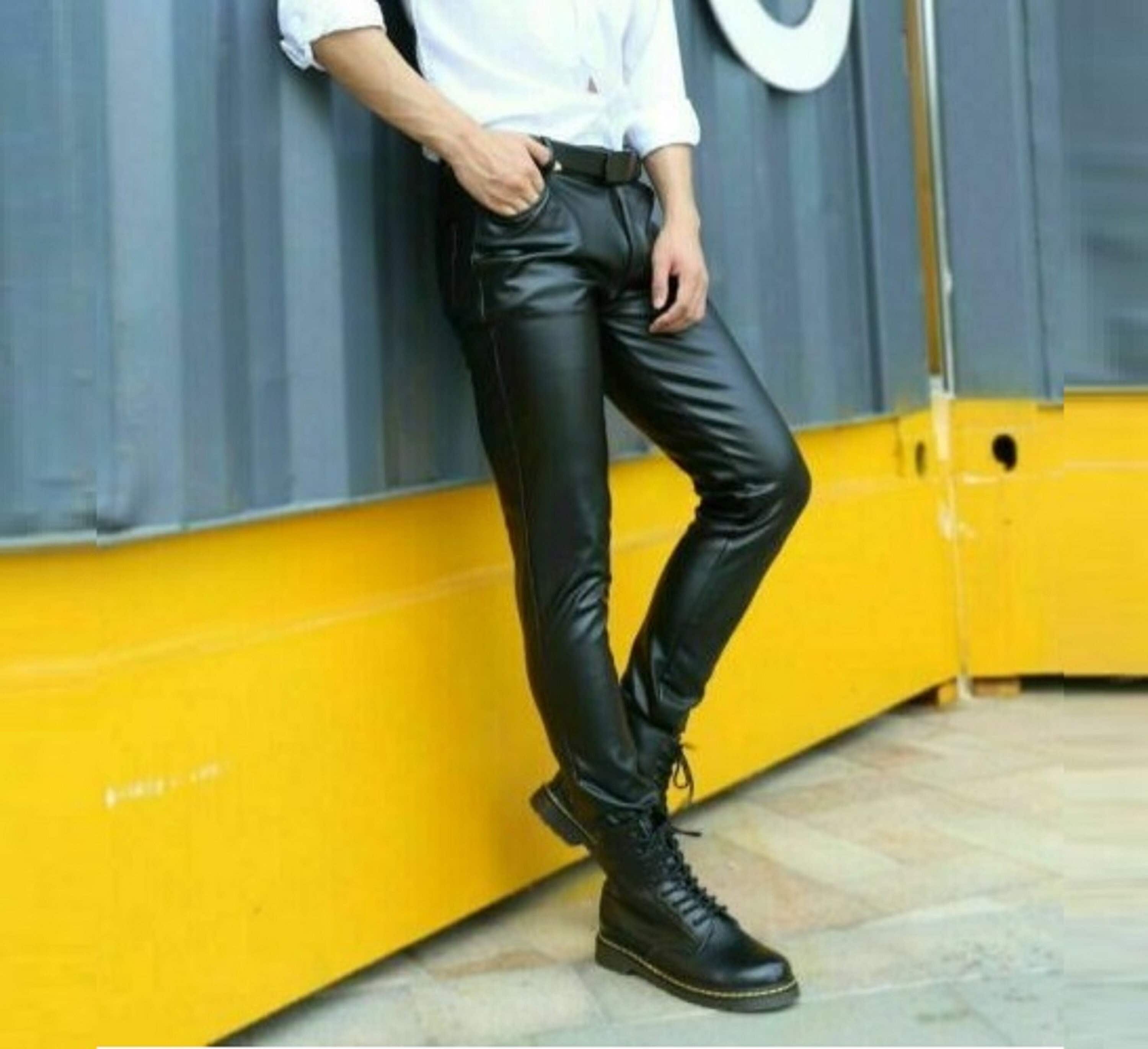 Men Faux Leather Trousers Pants Stretch Fitted Shiny Club Dance Party Wear  Punk | eBay