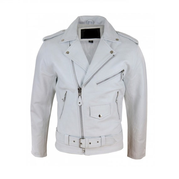 Men's Stylish Brando Casual White Leather Biker Jacket
