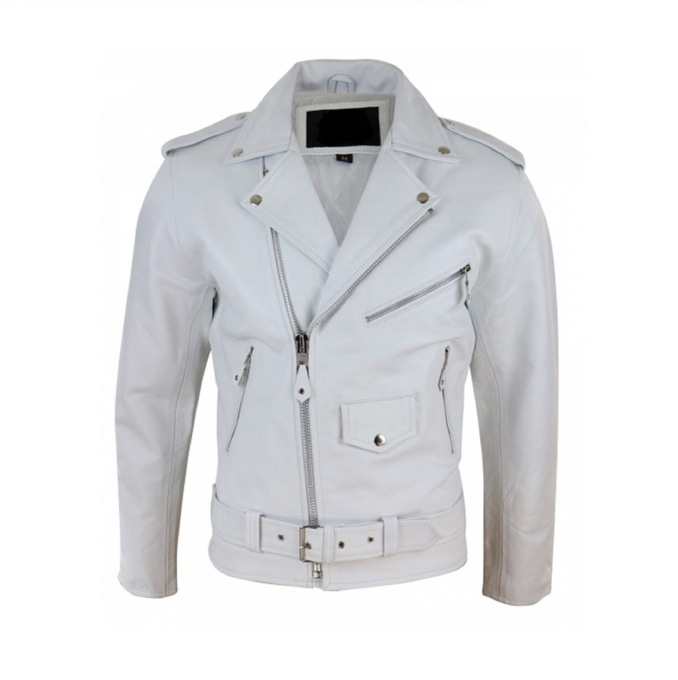 Infinity Leather Men's Real Leather Biker Jacket Cross Zip Brando Hide Grease Classic White