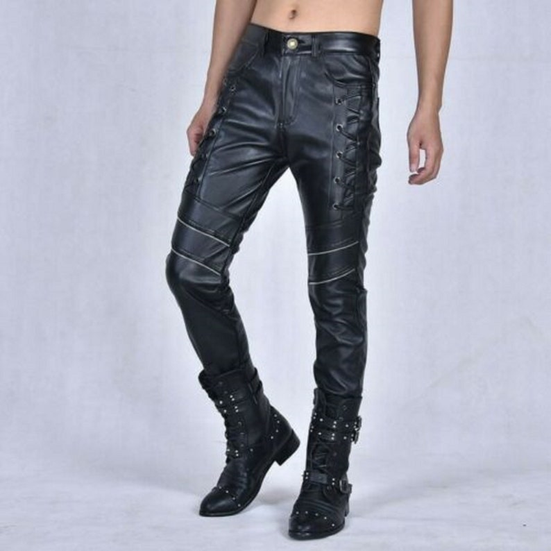 Men's Genuine Sheep Leather Pants Motorcycle Black Slim | Etsy