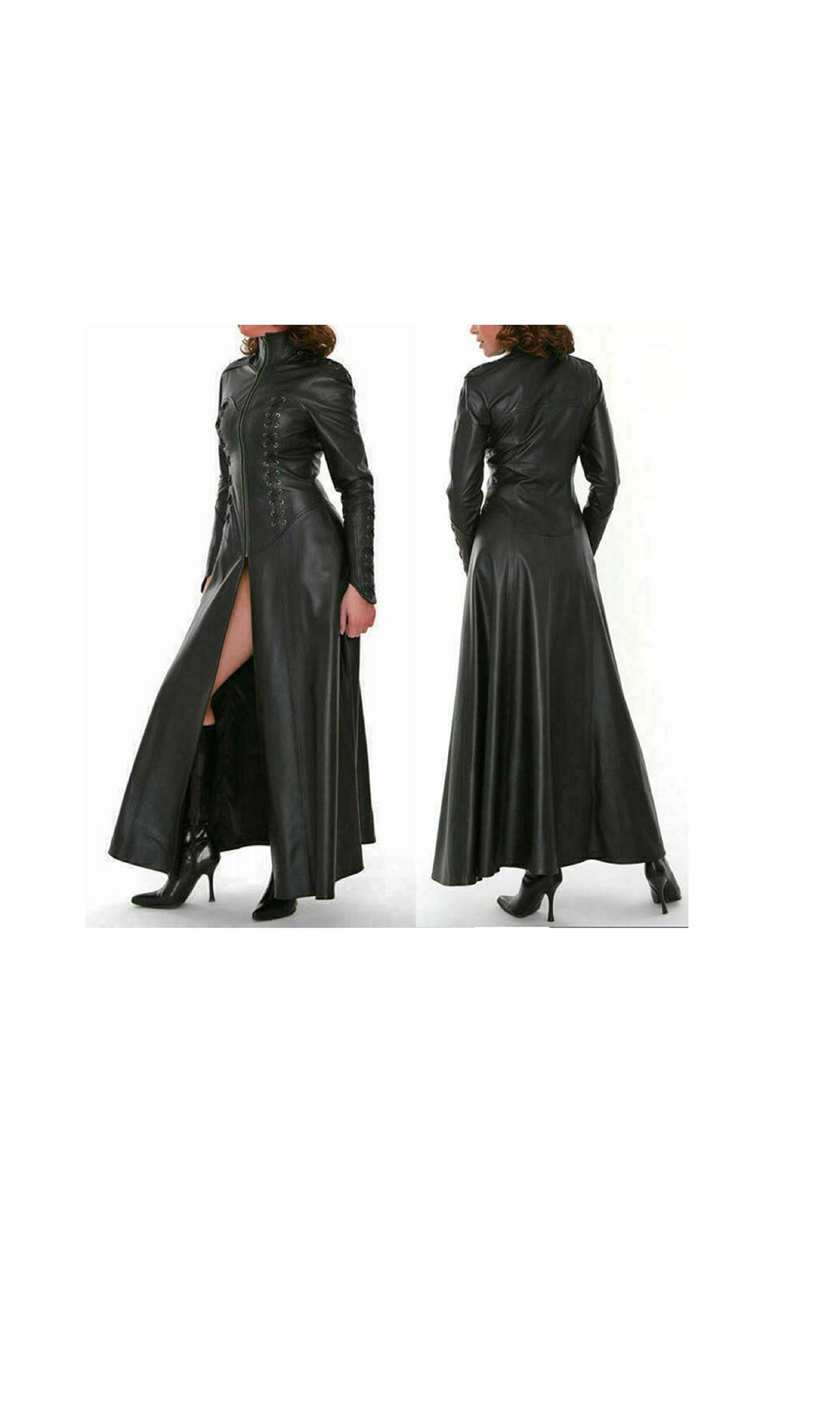 Women Genuine Black Leather Long Zip Dress Laces on Sleeves - Etsy UK